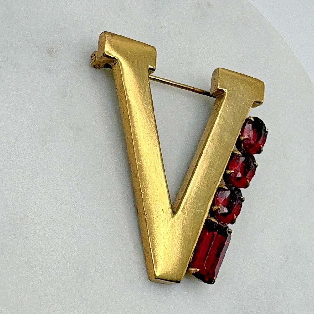 Vintage V Victory Brooch Red Glass Initial V Gold Filled WWII Pin